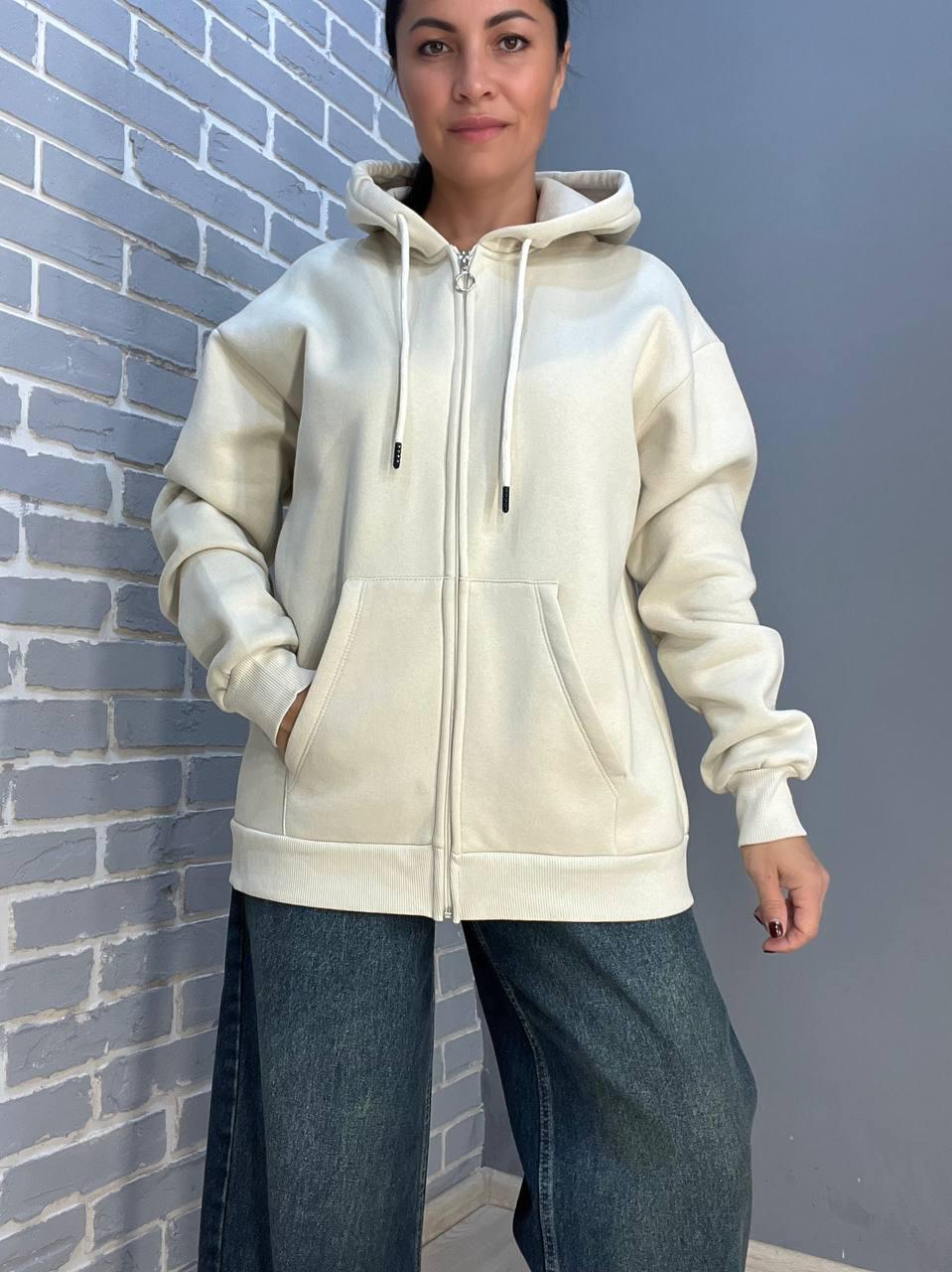 Толстовка жіноча QUZEN 482 подовжена на блискавці капюшон базова фліс утеплена OS Бежевий (984) - фото 1