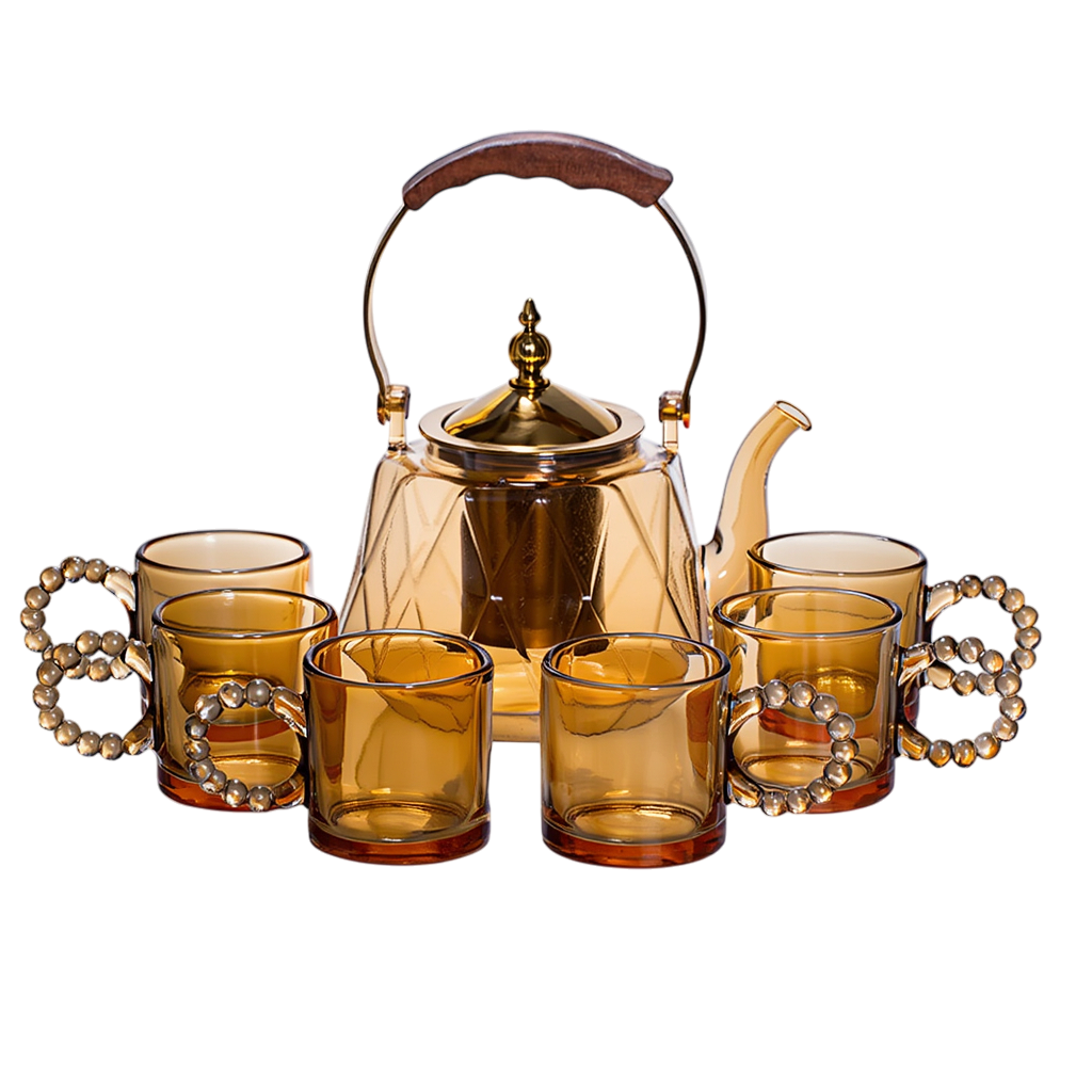 Чайный сервиз стеклянный на 6 персон из 7 предметов чайник с крышкой 1 л и 6 чашек по 120 мл Янтарно-коричневый (64486-39)