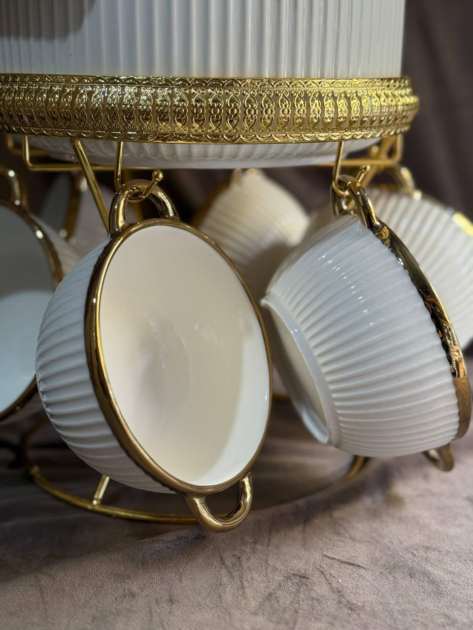 Сервиз суповый Yiwu ML151 из фарфора на металлической подставке 8 пр. 6 персон Белый с золотым (30059655) - фото 4