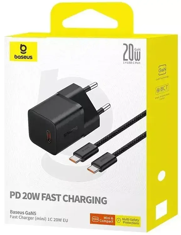 Зарядное устройство сетевое BASEUS GaN5 Fast Charger mini Type-C 20W/Cable Type-C to Type-C P10110900113-00 Black - фото 8