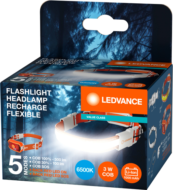 Фонарь налобный Ledvance Headl Rech Flex 3+0,8W 300Lm 6500К 1000 mAh 212x171х39 мм (4099854175886) - фото 2