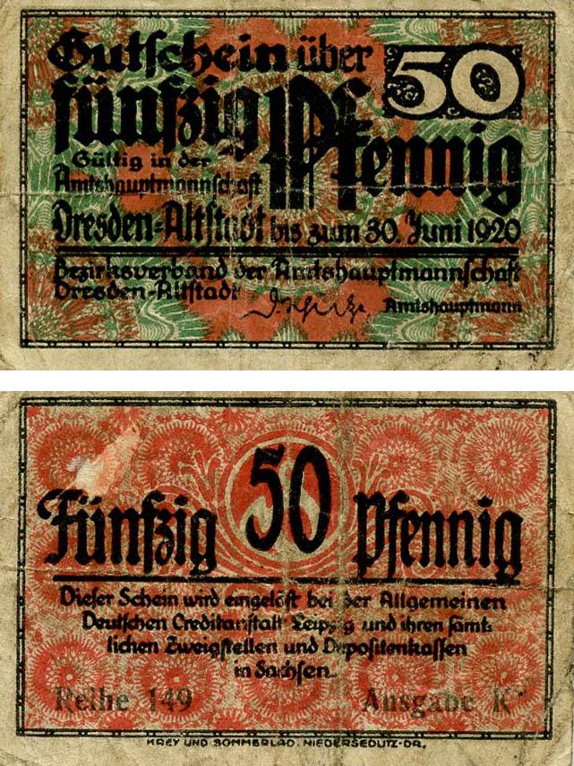 Коллекционная банкнота Германия Нотгельд 50 пфеннигов 1920 F-VF Альтштадт Разновидность 2 (Б18772)
