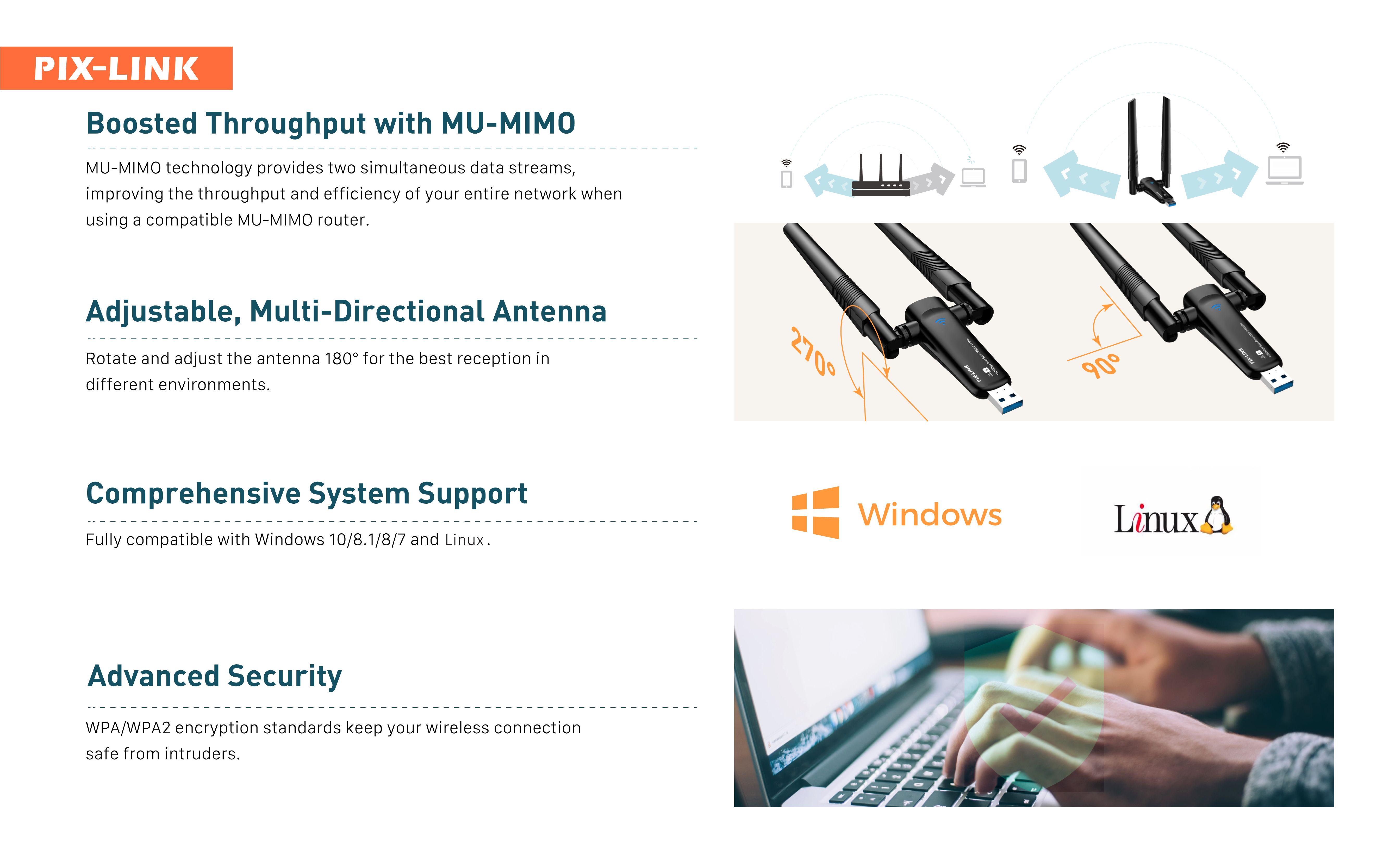 Адаптер бездротовий мережний дводіапазонний Pix-Link AX1800 LV-UAX04 Wi-Fi USB 2.4/5GHz Black (17961) - фото 6 Адаптер бездротовий мережний дводіапазонний Pix-Link AX1800 LV-UAX04 Wi-Fi USB 2.4/5GHz Black (17961) - фото 6