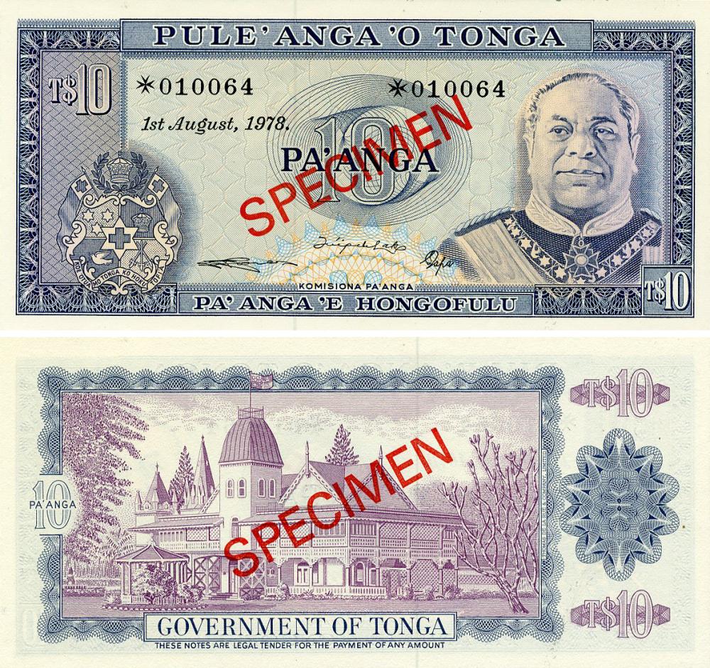 Коллекционная банкнота Тонга 10 паанга 1978 UNC Specimen (P22s)