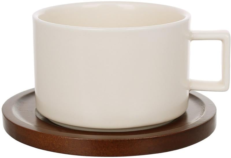Набор фарфоровых чашек Natural Serving Cream 200 мл с деревянными блюдцами 6 шт.