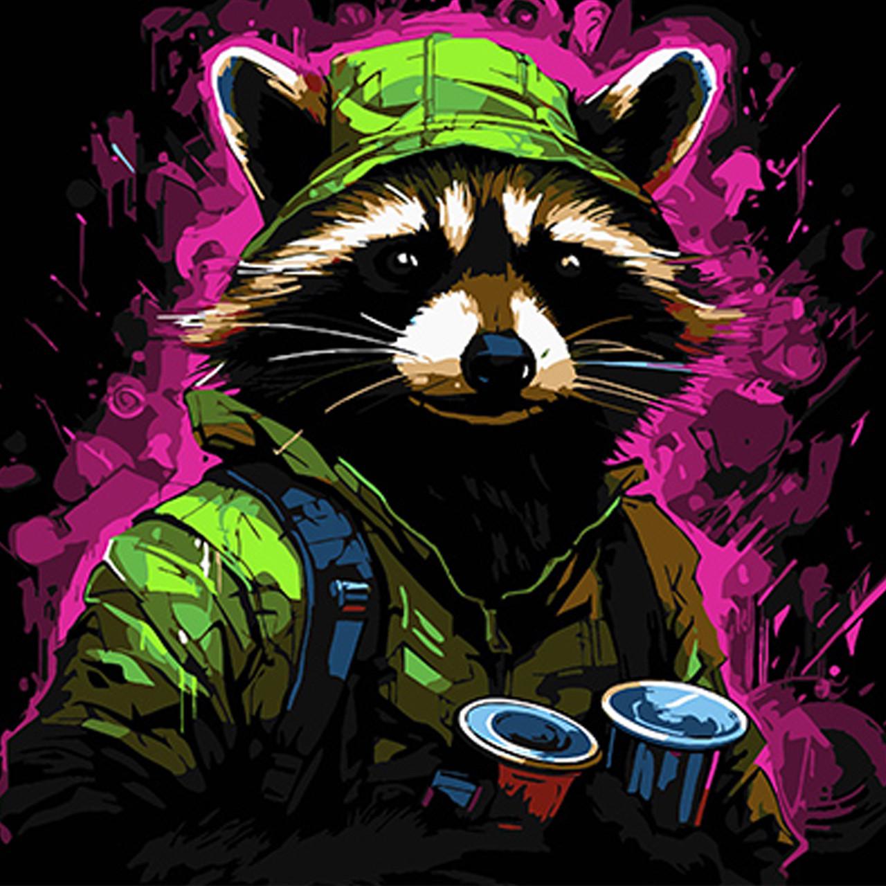 Картина по номерам Strateg Премиум Енот-путешественник на черном фоне 40х40 см (AV4040-65)