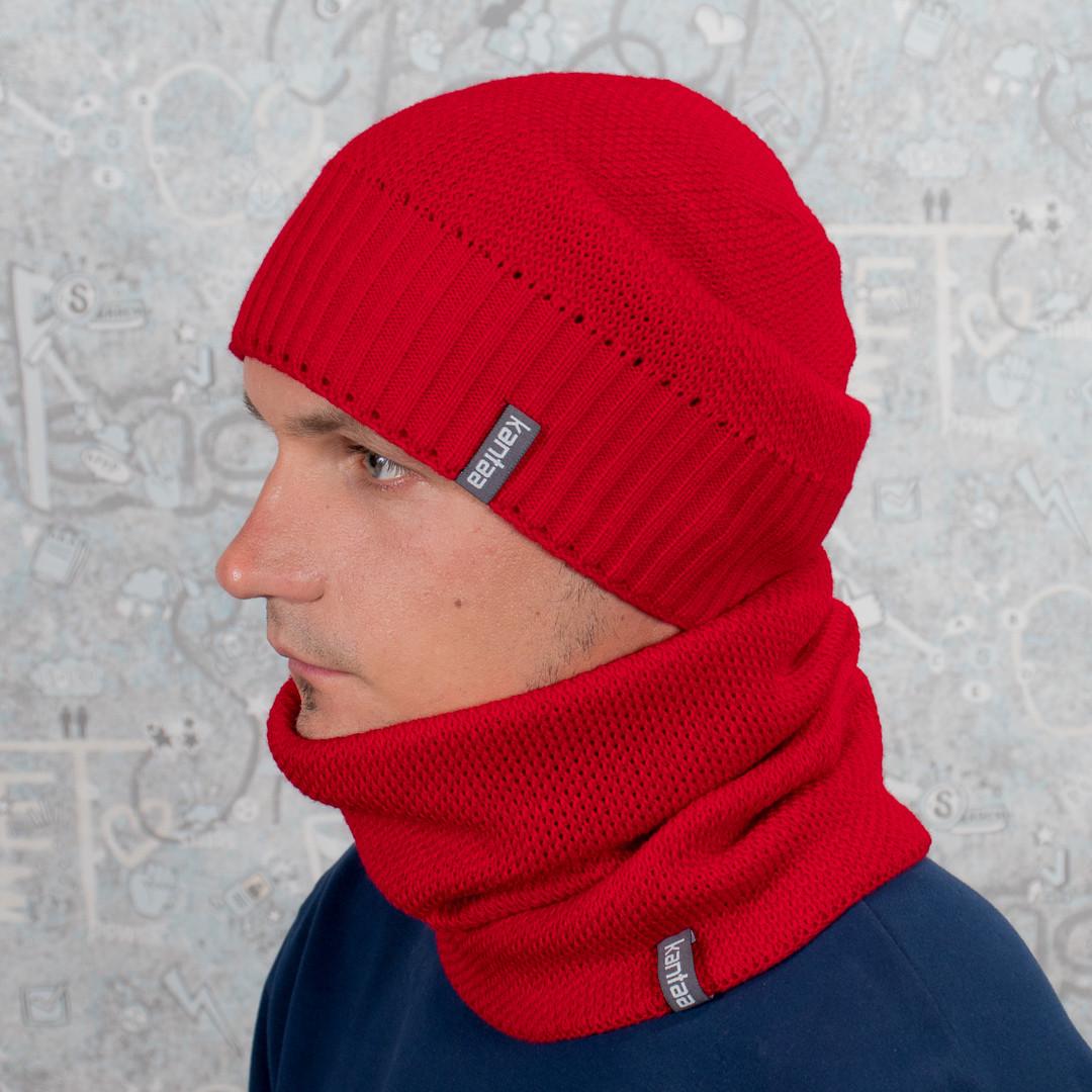 Комплект вязаная шапка со снудом КАНТА на флисе унисекс 50-60 Красный (OC-078)