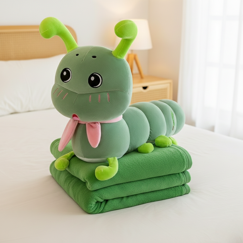 Мягкая игрушка-подушка с пледом Милая гусеница 3в1 из плюш-велюра и холофайбера 70х40х12 см Зеленый (7127-GR)