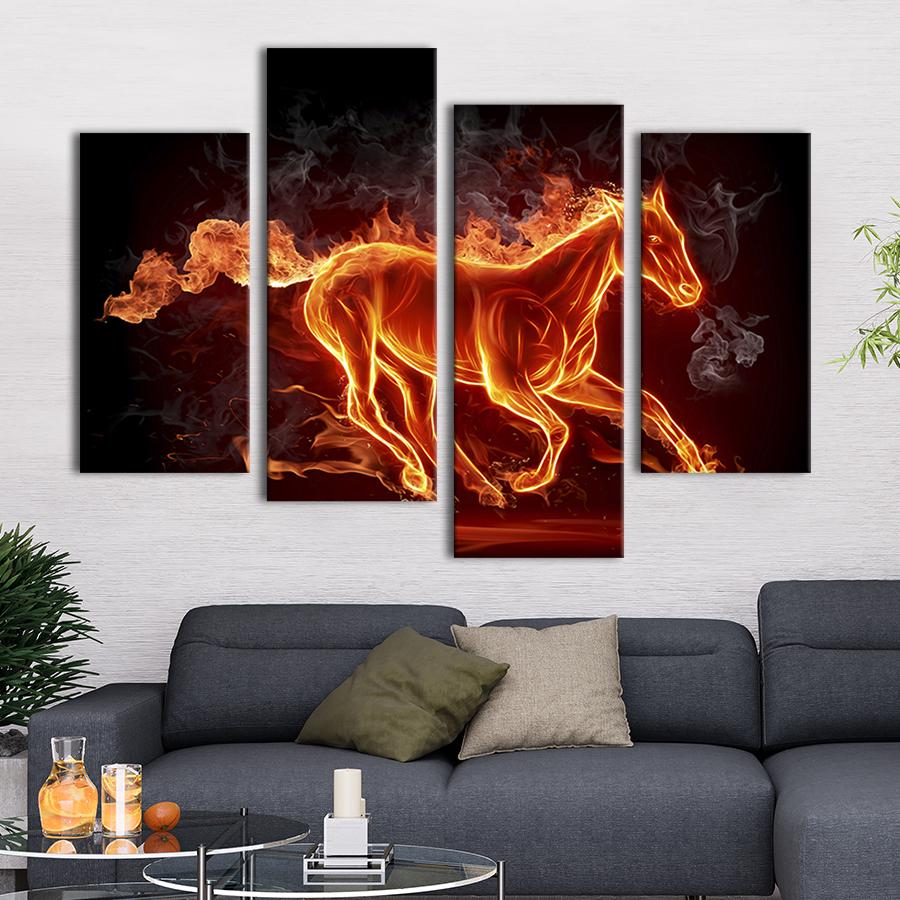 Модульная картина из четырех частей на холсте интерьерная картина Скачущая лошадь из огня 129x90 см (133-42)