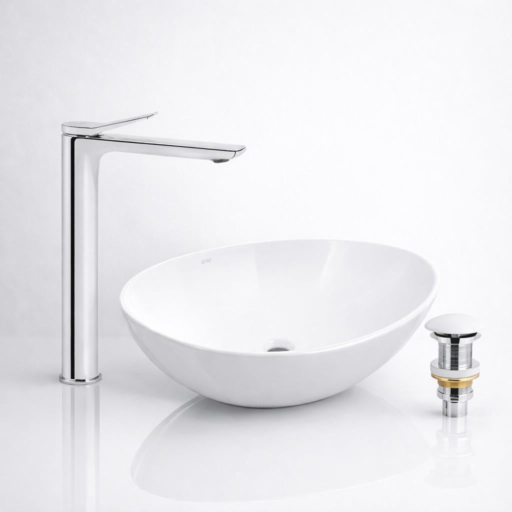 Комплект для ванной под ключ раковина накладная Qtap Dove 415х340 White и высокий смеситель Presto Chrome и донный клапан