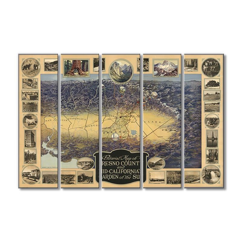 Винтажная карта Графство Фресно и Средняя Калифорния, Сад солнца 5 модулей 90x135 см