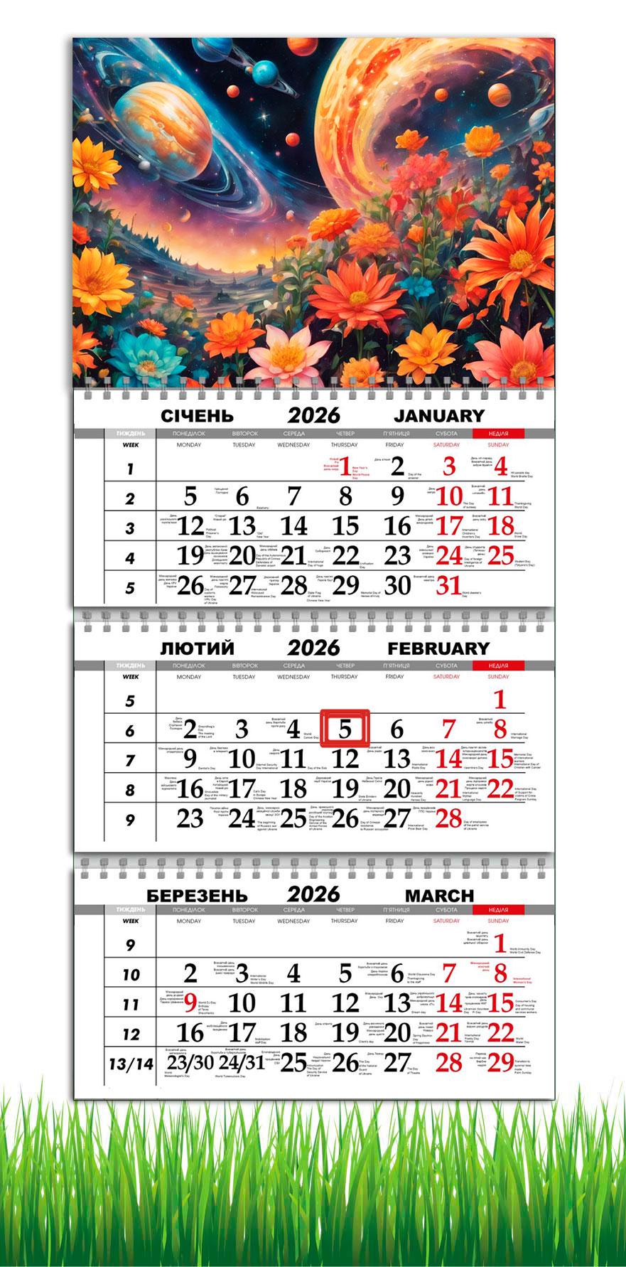 Календарь настенный квартальный на 2026 год APRIORI Цветы/Космос на 3 пружины 30х61 см (28859607)