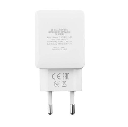 Зарядний пристрій мережевий 2E WC1USB2.1A-CC 12W 2хUSB-A з кабелем USB-A-USB-C 1 м Білий - фото 3