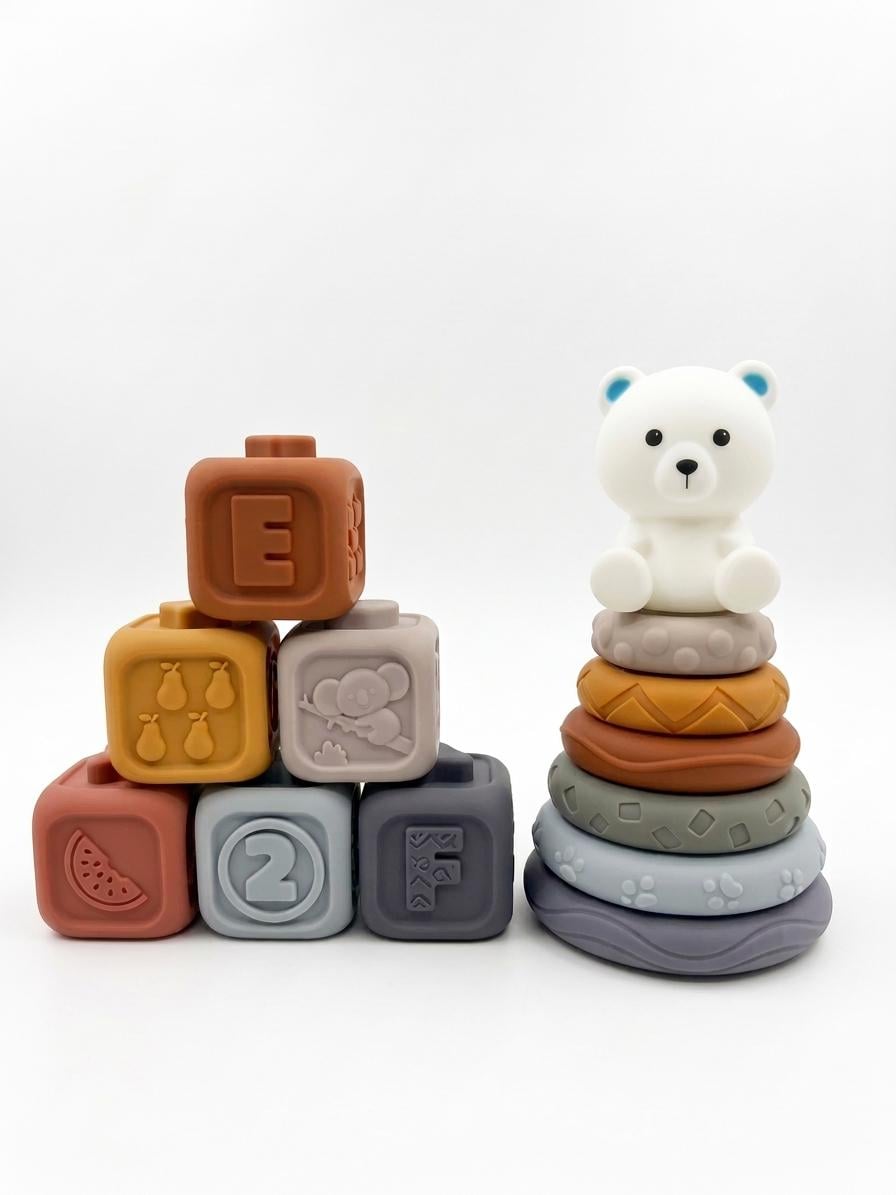 Кубики детские силиконовые развивающие DobraMama пирамидка/грызунок-медведь/сортер для купания тактильные со звуком Разноцветный (74039)