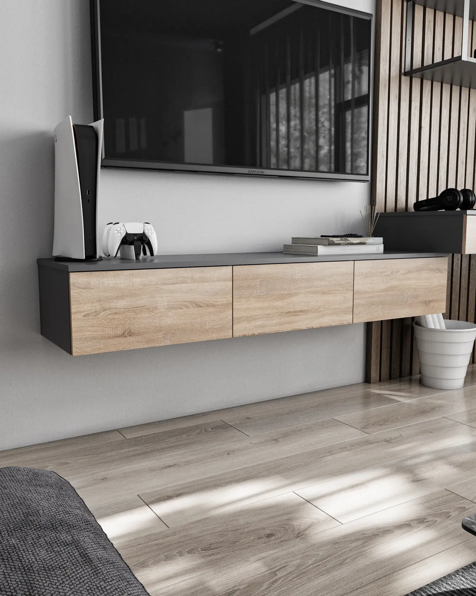 Тумба для ТВ навесная Nikoshop Т-221 с 3 ящиками 1500х400х240 мм Антрацитовый/Дуб сонома