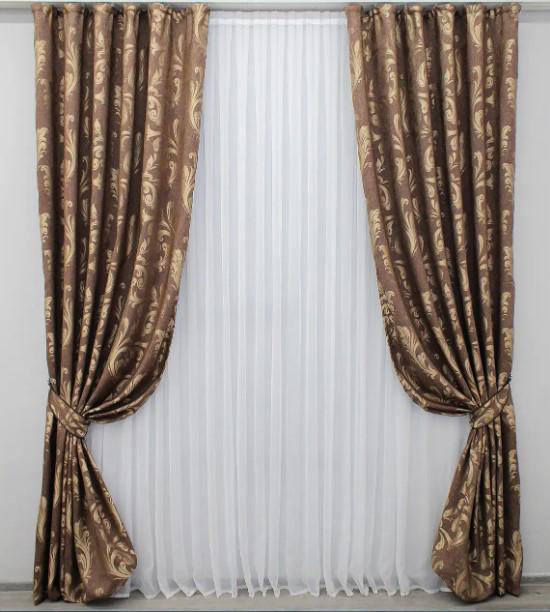 Шторы в гостиную/спальню с подвязками Лилия лен/блекаут/рогожка 1,5х2,75 м 2 шт. Коричневый (738ш)