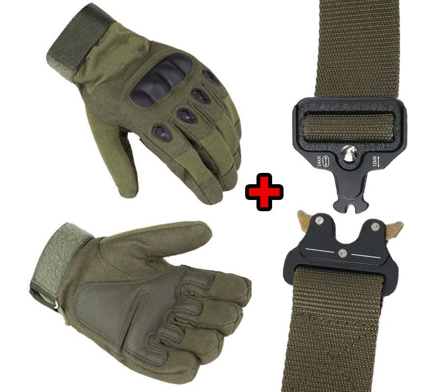 Набор 2в1 ремень с металлической пряжкой 140 см и перчатки закрытые L Оливковый - фото 10