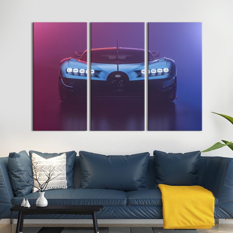 Картина на холсте триптих Синий Bugatti Chiron Vision GT 156x100 см (1304-31)