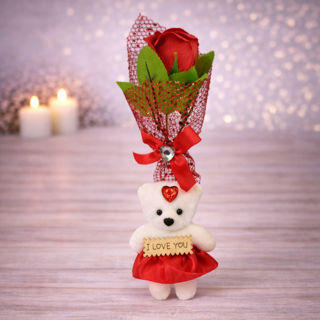 Троянда мильна з ведмежам в прозорій упаковці Червоний (06-F-7538r)