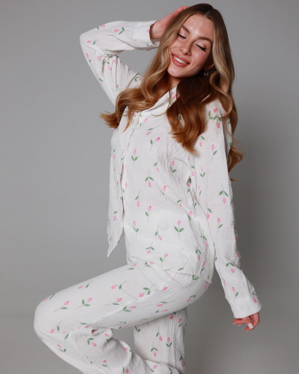 Костюм домашний пижама женская из муслина рубашка со штанами Розовый тюльпан (2490277393) - фото 4 Костюм домашний пижама женская из муслина рубашка со штанами Розовый тюльпан (2490277393) - фото 4