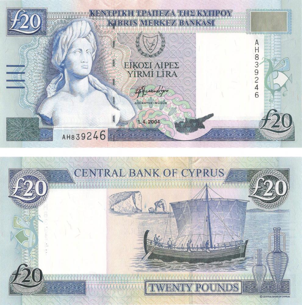Коллекционная банкнота Кипр 20 фунтов 2004 UNC P63c (Б08528)
