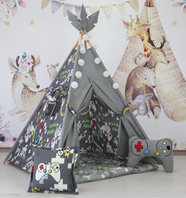 Вігвам для дітей Playstation графіт з матрацом і подушками