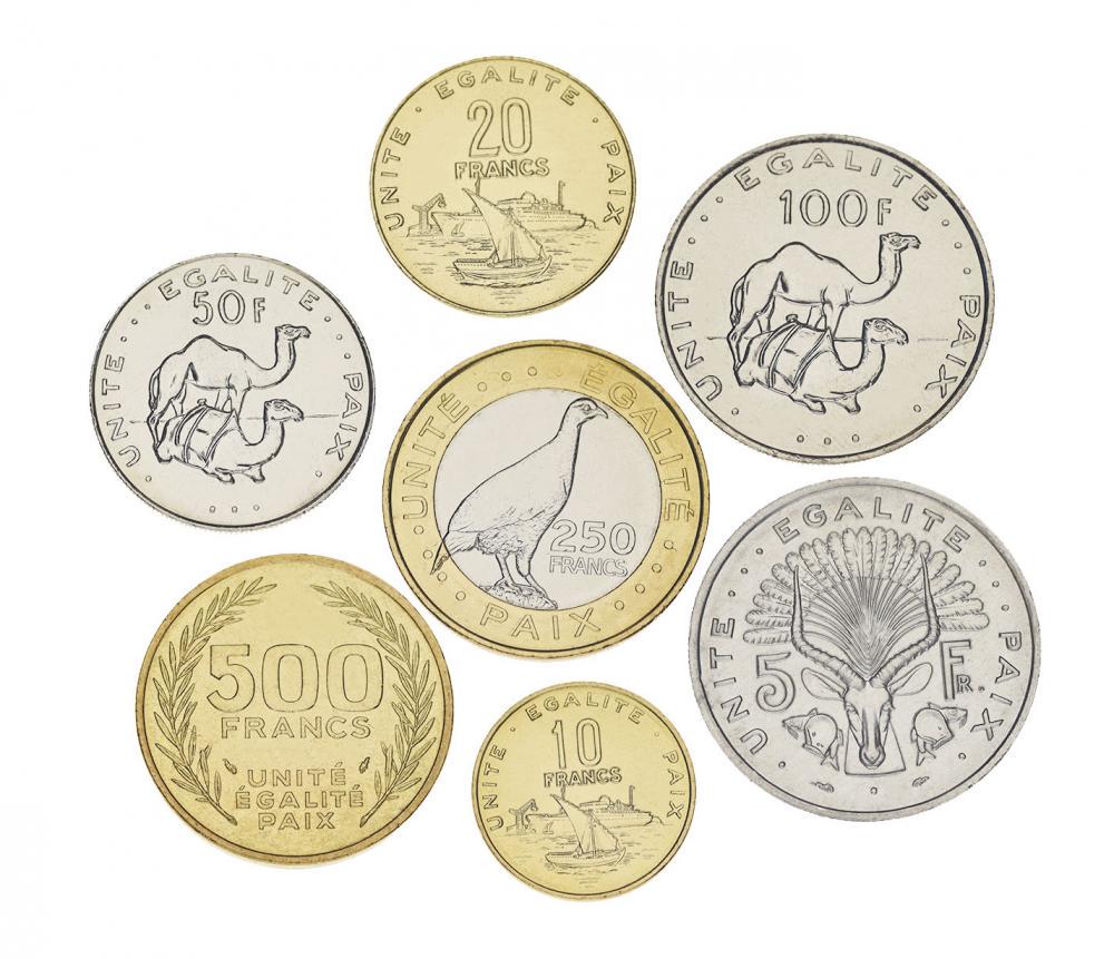 Коллекционные монеты Джибути 7 шт. 1991-2013 UNC 5/10/20/50/100/250/500 франков (М05198)