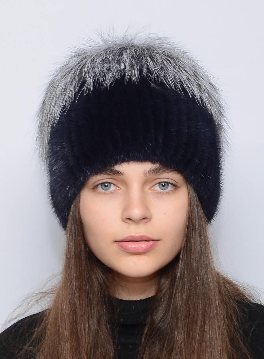 Зимова шапка із в'язаної норки Хутряний стиль Кулька-розріз з бубоном із чорнобурки XL-XXL Синій ірис (115/4/J)