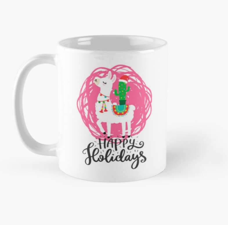 Чашка керамічна з принтом Happy holidays Лама та кактус Різдво Новий Рік 330 мл Білий