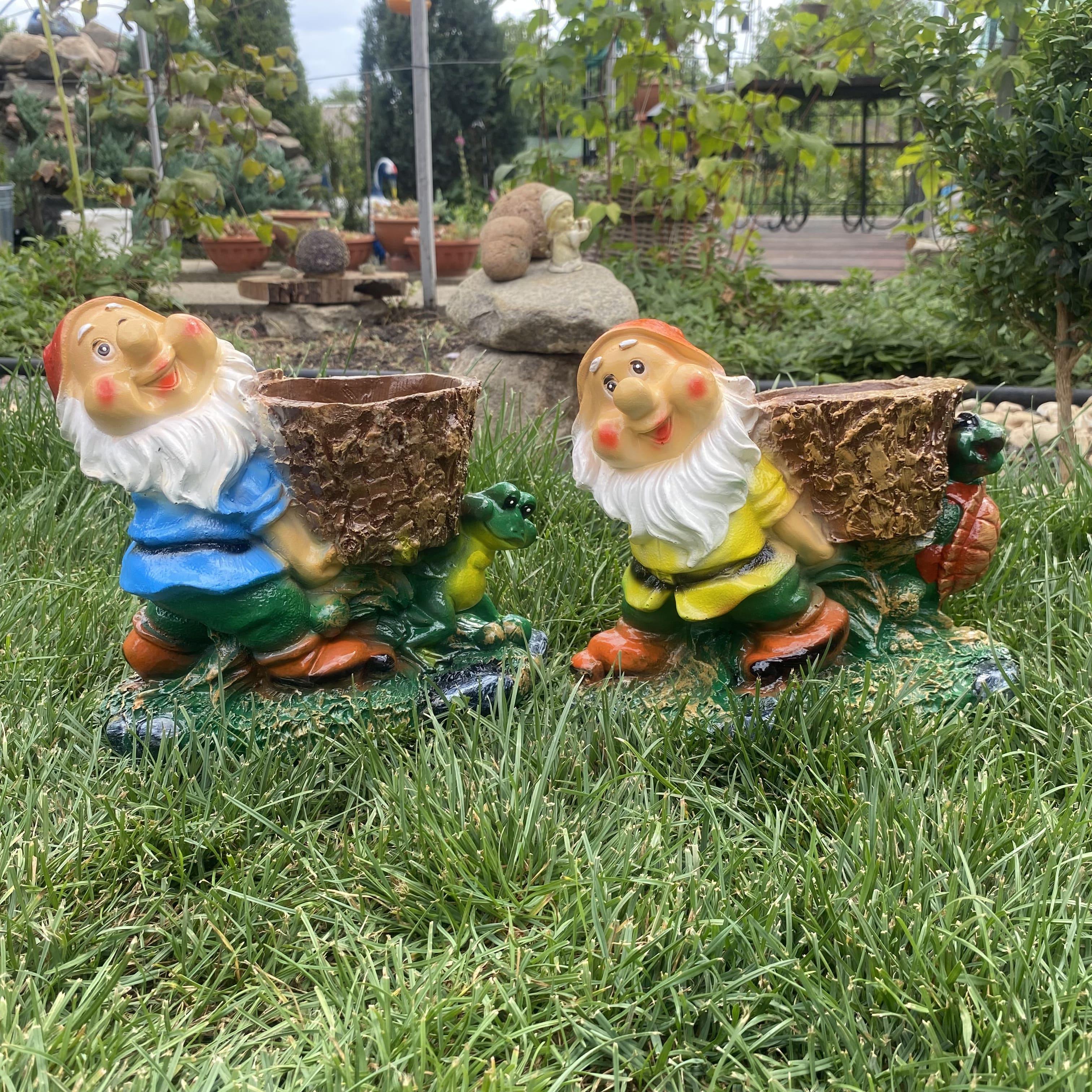 Комплект садових фігур-кашпо Гном з черепашкою 24×13×20 см та Гном з жабкою 23×21×13 см (4425)