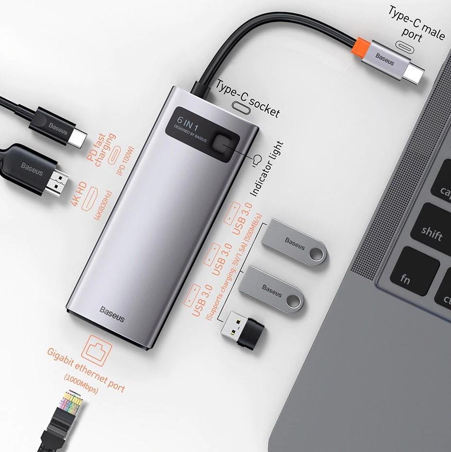 USB хаб BASEUS Metal Gleam Series 6in1 Multifunctional 3xUSB3.0 HDMI4K RJ45 Type-C Gray (CAHUB-CW0G) - фото 4 USB хаб BASEUS Metal Gleam Series 6in1 Multifunctional 3xUSB3.0 HDMI4K RJ45 Type-C Gray (CAHUB-CW0G) - фото 4