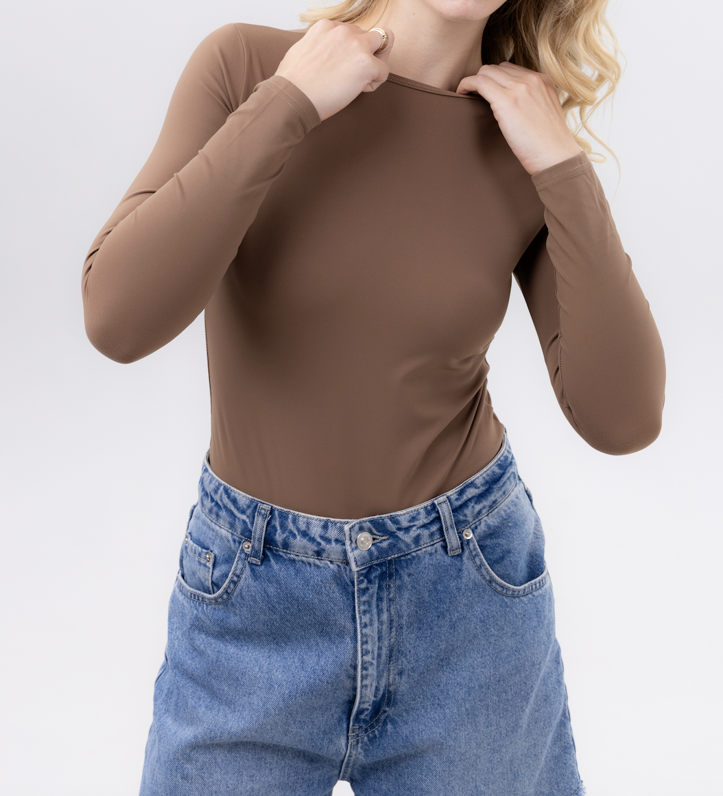 Боді жіноче еластичне з довгим рукавом S Коричневий (2894501805)