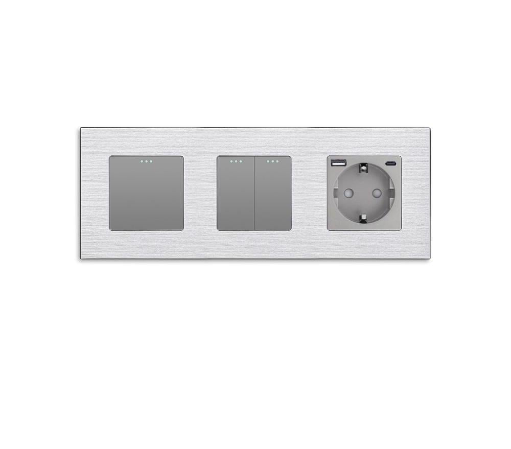 Выключатель перекрестный WALLPAD 3-клавишный 1-2 с розеткой USB A+C 20Вт с заземлением 16А 230 В алюминий Серый