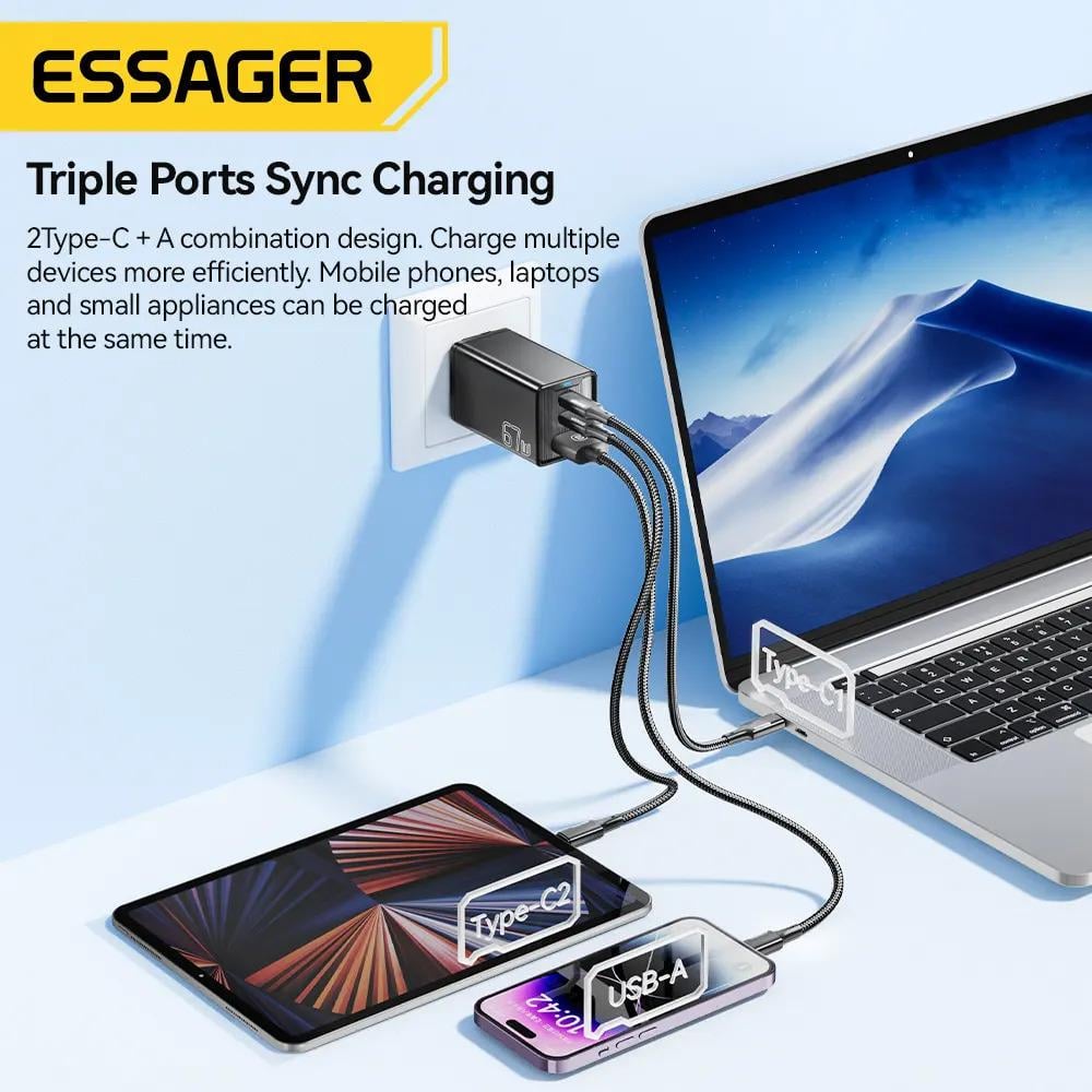 Зарядное устройство Essager 67W GaN Travel Charger JT-G67TC2U1 2 TYPE C USB A EU Black (ECTAC-KSB01-Z) - фото 4 Зарядное устройство Essager 67W GaN Travel Charger JT-G67TC2U1 2 TYPE C USB A EU Black (ECTAC-KSB01-Z) - фото 4