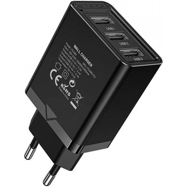 Зарядное устройство Vention 3xUSB A 12W 5V 3,4A Black (FEAB0-EU)