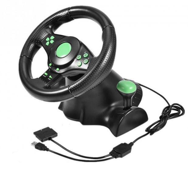 Игровой руль гоночный FunGame Vibro PC/PS3/PS2 с педалями и коробкой передач 23 см Черный
