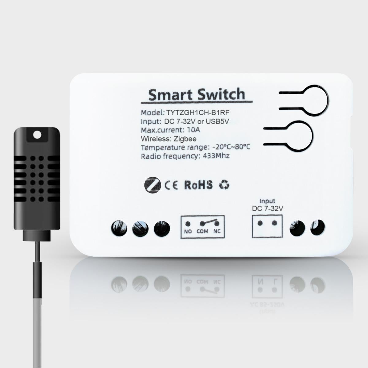Реле одноканальное ZigBee с сухим контактом и датчиком температуры и влажности Tuya (DC 7-32V)