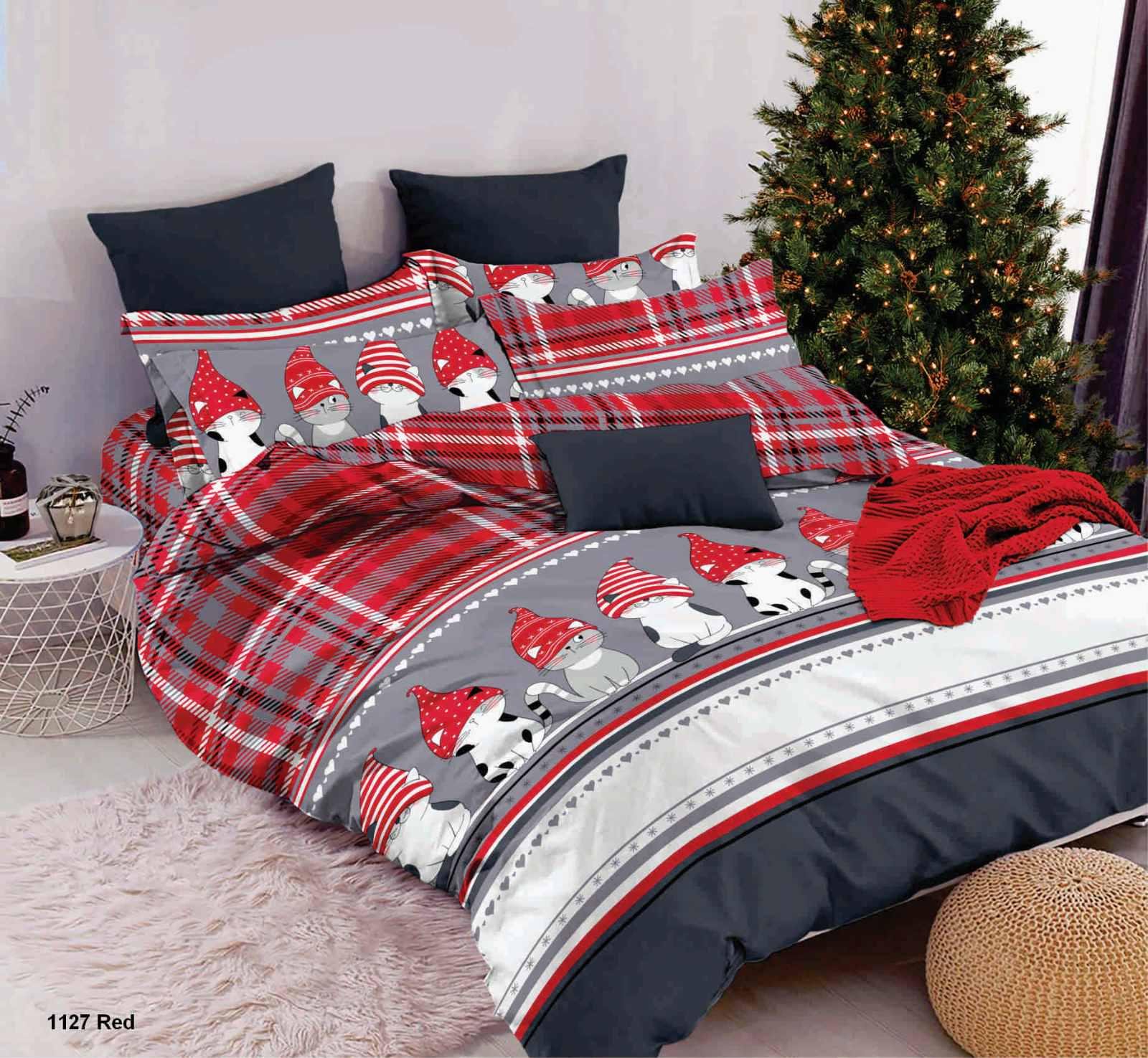 Комплект постільної білизни Новорічні Коти червоні бязь голд люкс полуторний 150х215 см Сірий (22382115) - фото 1