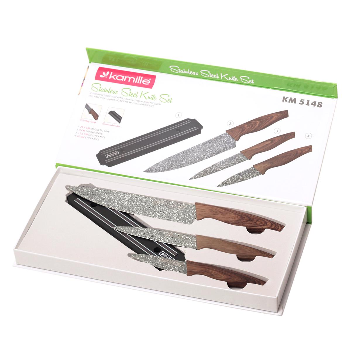 Набор ножей Kamille из нержавеющей стали на магнитном держателе 4 предмета (5148)