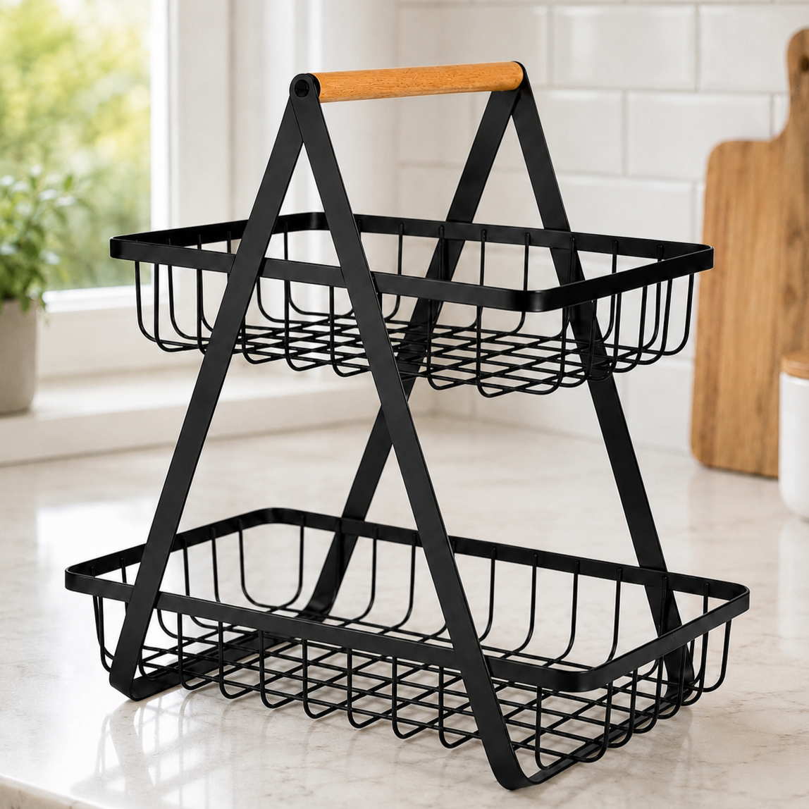 Фруктовница двухуровневая металлическая с деревянной ручкой 29x27x17 см