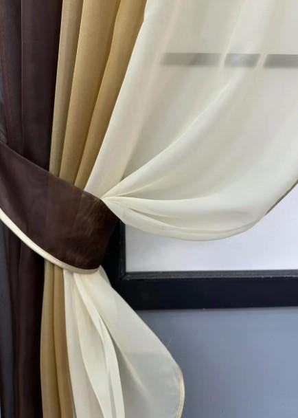 Комплект штор на кухню с подвязками 400х170 см Венге/Кофейный/Бежевый (054к) - фото 3 Комплект штор на кухню с подвязками 400х170 см Венге/Кофейный/Бежевый (054к) - фото 3