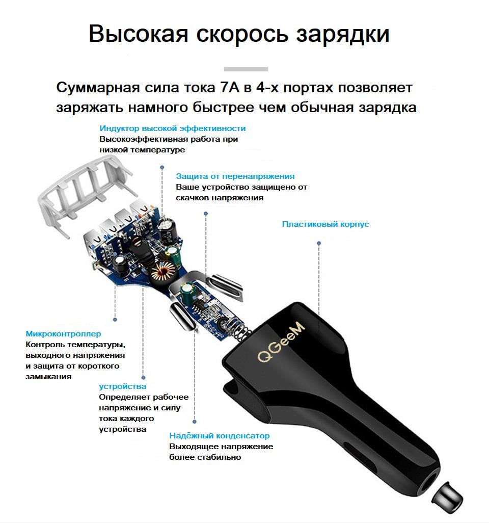 Зарядка автомобильная QGeeM 4 USB Черный - фото 3