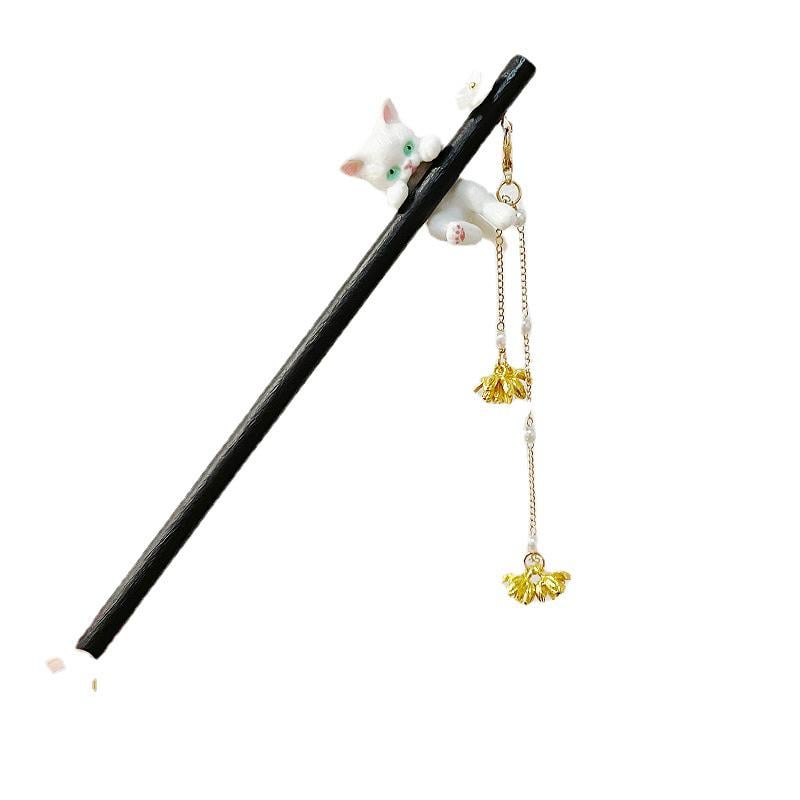 Заколка для волос деревянная с подвеской котик 18 см/6 см (U8109)