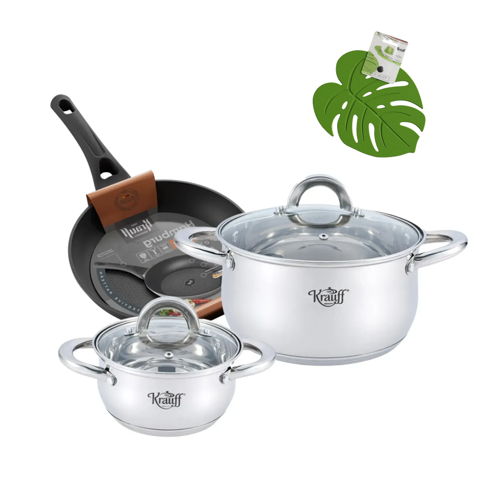 Набір каструль Krauff Steil 2,5/5,8 л та сковорідки Hamburg 20 см з підставкою Monstera (28483)