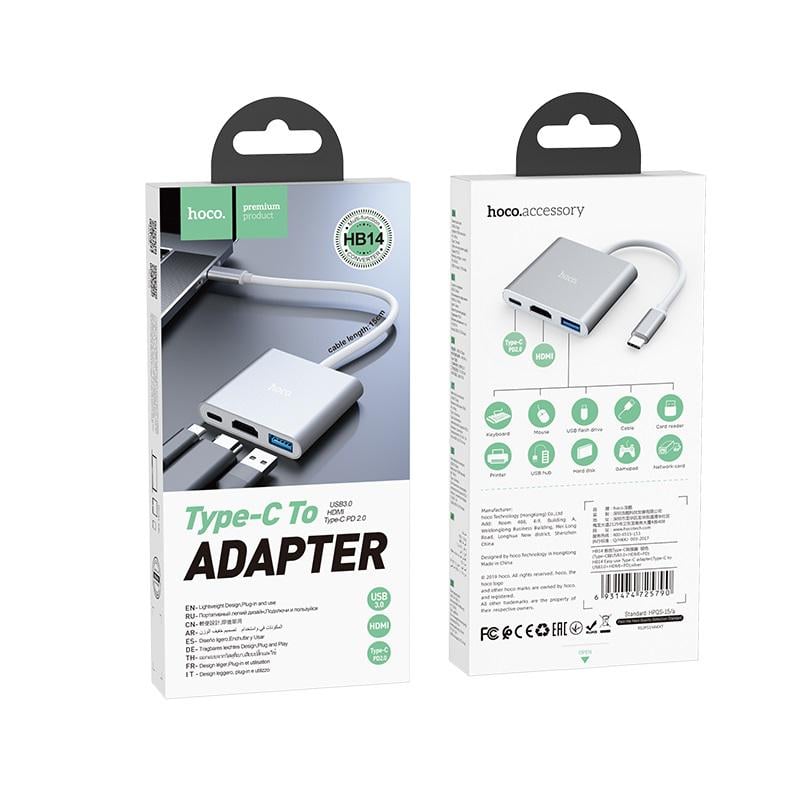 USB-хаб Hoco HB14 Easy use Type-C adapter Type-C to USB3.0+HDMI+PD Silver (6931474725790) - фото 2