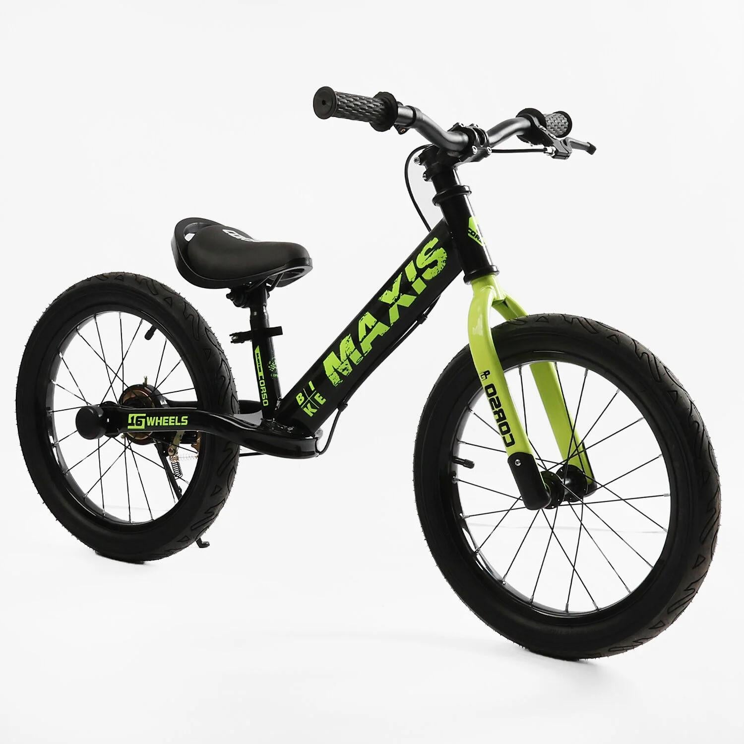 Беговел Corso Maxis стальная рама ручной задний тормоз надувные колеса резиновые 16" подножка/звонок Черный (MX-71065)