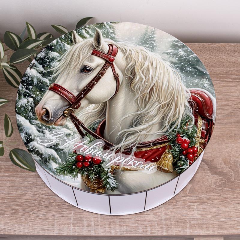 Коробка круглая с новогодним дизайном конь 33 см (5017-35)
