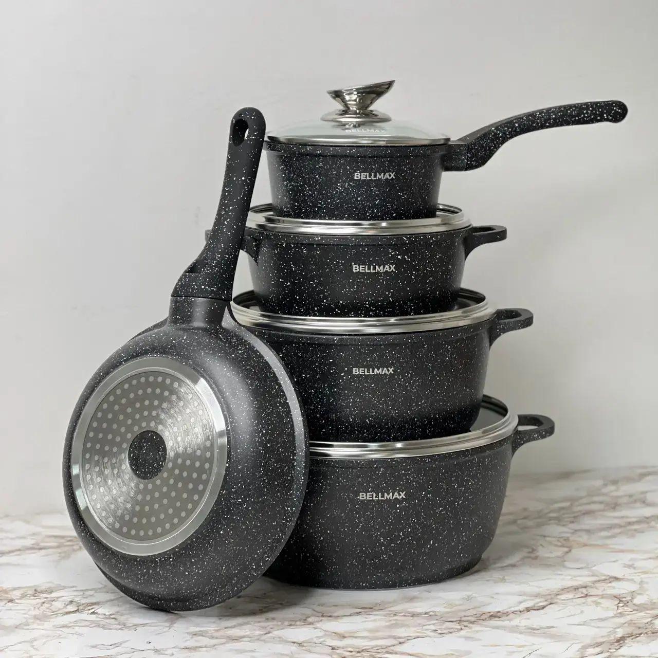Набір посуду BellMax BM-305 Каструлі/сковорода/сотейник з кришками та гранітним антипригарним покриттям 10 пр. Чорний (opt-105022) - фото 2 Набір посуду BellMax BM-305 Каструлі/сковорода/сотейник з кришками та гранітним антипригарним покриттям 10 пр. Чорний (opt-105022) - фото 2