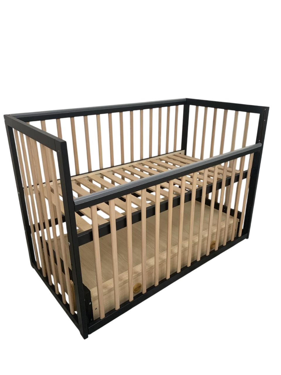 Кроватка для новорожденных деревянная с маятником и ящиком Sofia Черный/Натуральный (Kuz66)