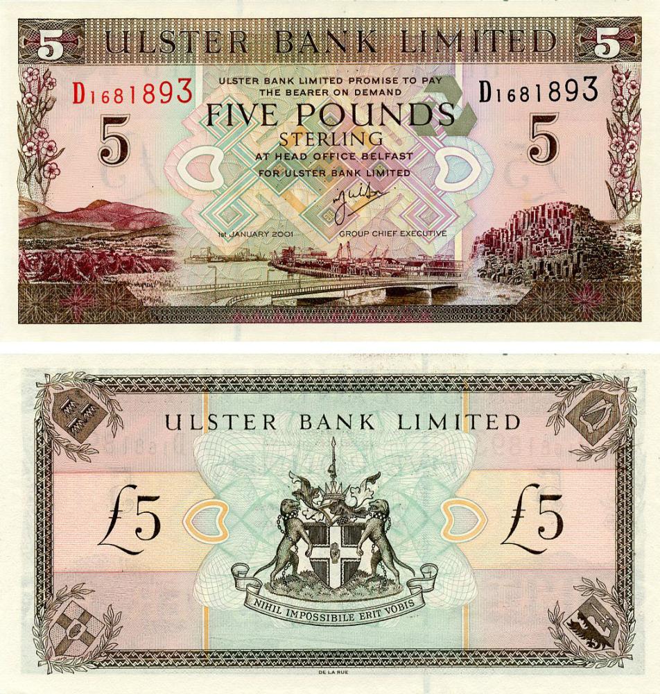 Коллекционная банкнота Северная Ирландия 5 фунтов 2001 UNC Ulster Bank (P335c)